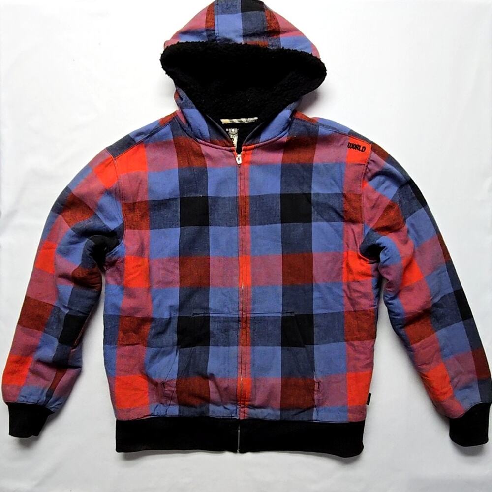 Vintage World Industries Plaid Hoodie Sherpa Lined Red Blue Y2K Large Jacket
